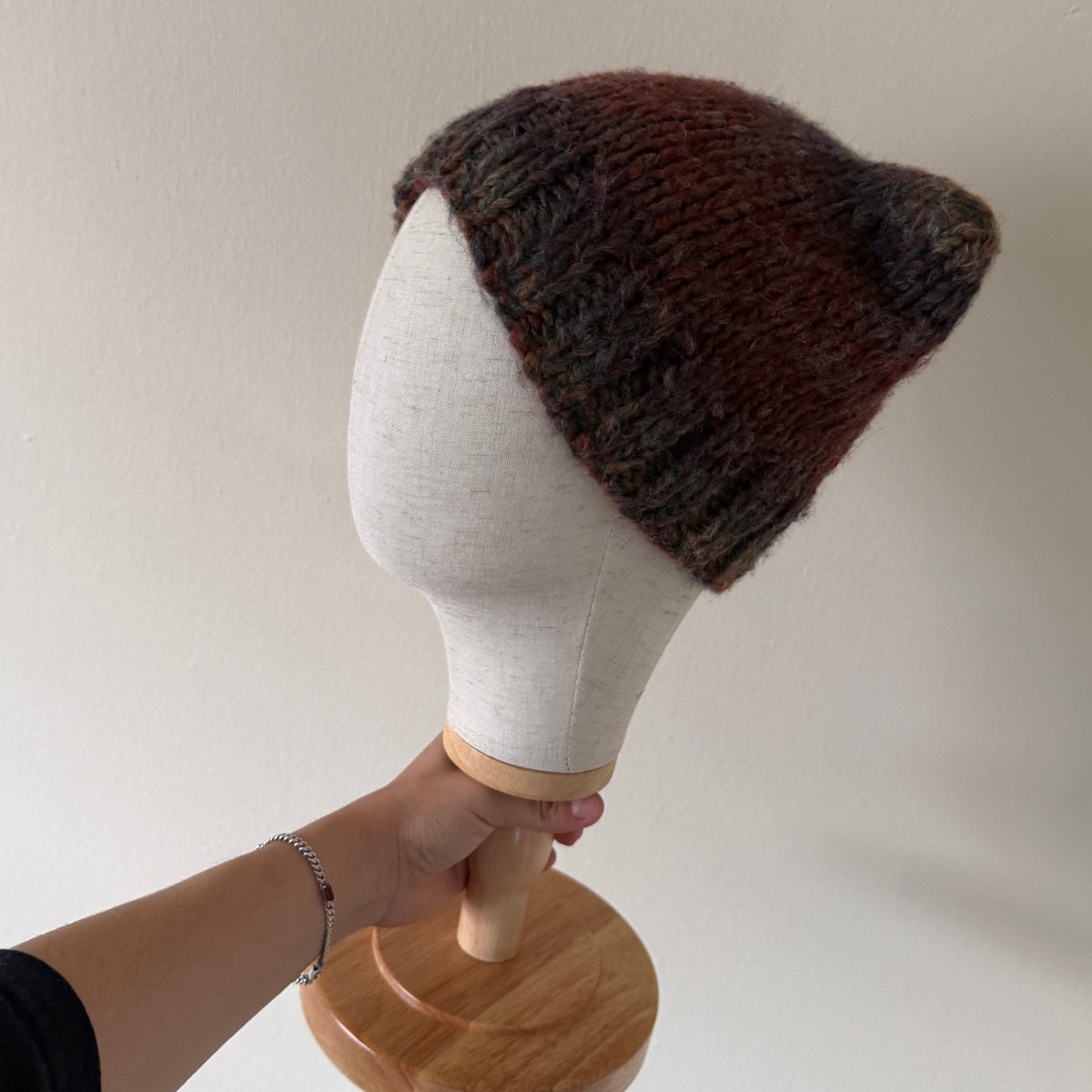 knit cat ear beanie with ribbed brim