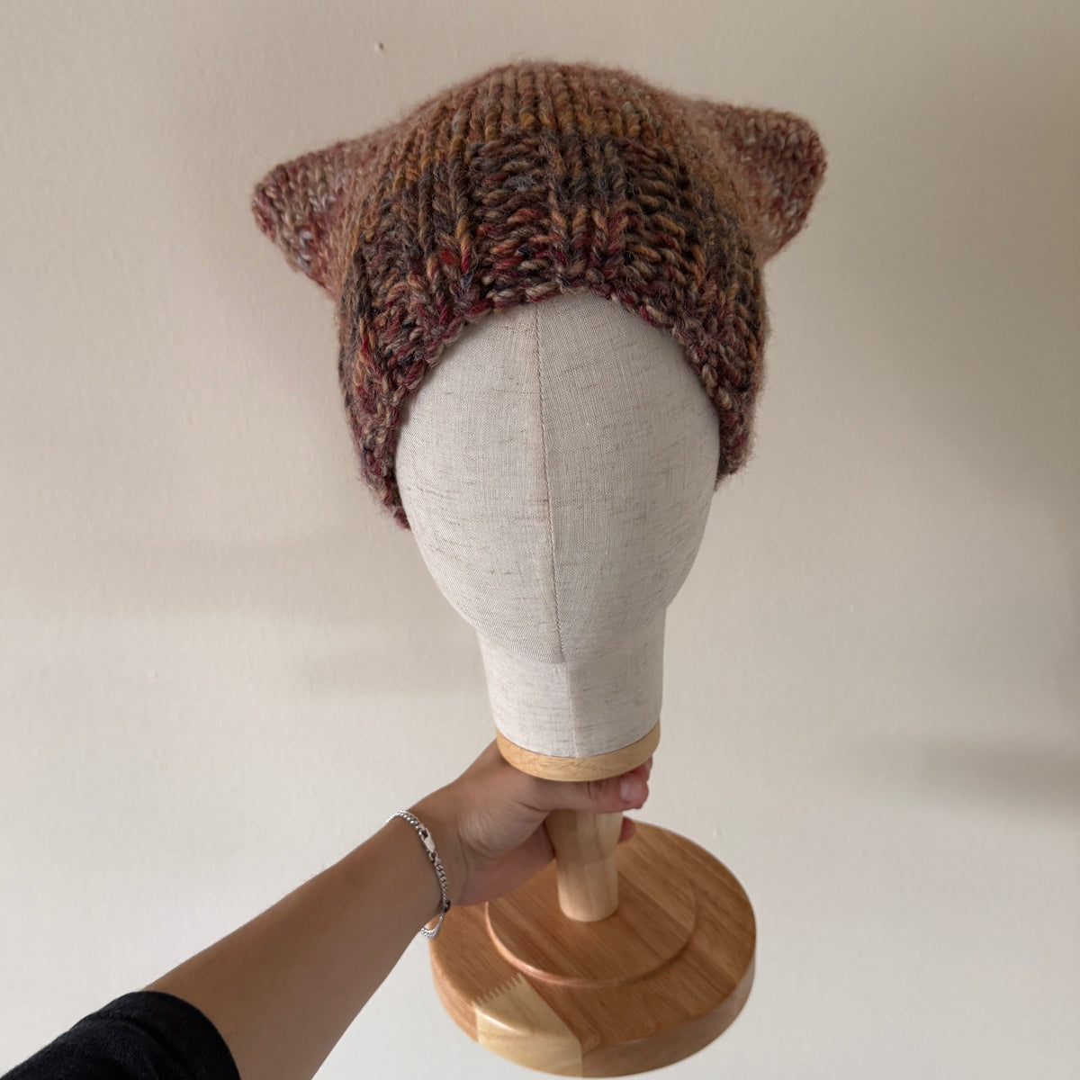 knit cat ear beanie with ribbed brim